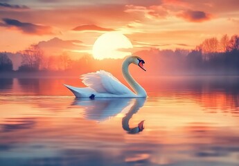 Fototapeta premium A graceful swan gliding on the calm waters of an idyllic lake, with a picturesque sunset in the background.