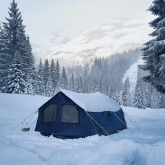 Fototapeta premium Navy Blue Winter Tent with Insulated Walls, Perfect for Cold-Weather Outdoor Adventures