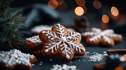 Festive snowflake gingerbread cookies on dark background, Christmas baking, holiday food photography