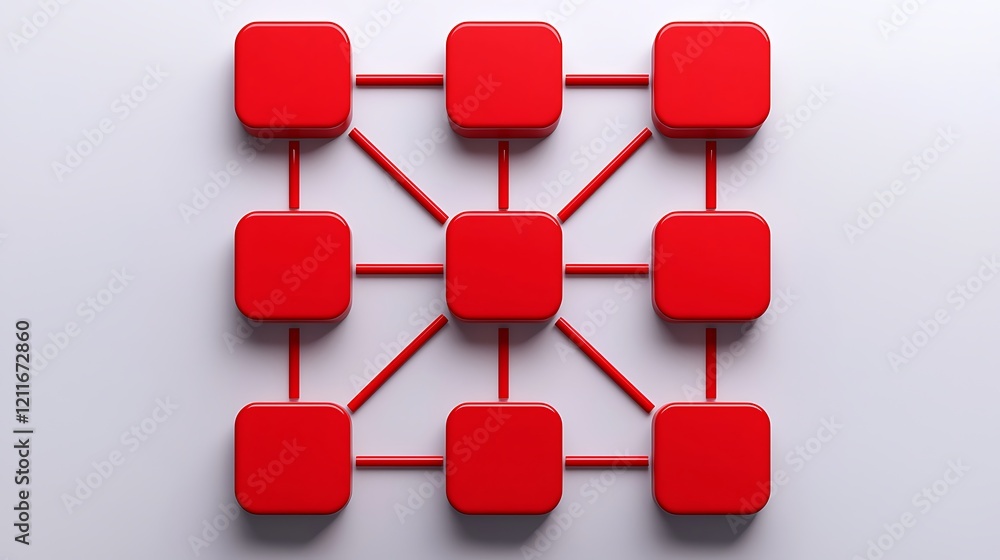 Poster a geometric arrangement of red squares connected by lines, forming a network-like structure on a lig