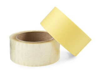 Rolls of adhesive and masking tape isolated on white