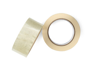 Rolls of adhesive and masking tapes isolated on white, top view