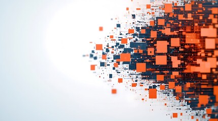 A digital abstract design featuring scattered squares in orange and black against a light background, creating a sense of movement and fragmentation. © Tanakrit