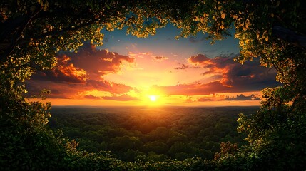 Fototapeta premium Majestic Sunset Over Lush Forest Framed by Vibrant Green Leaves