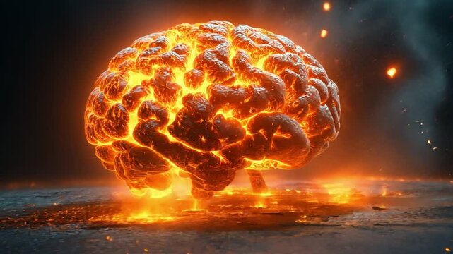 Burning Brain: An intense, surreal image depicting a human brain engulfed in fiery flames, suggesting concepts of mental overload, stress, or intense thought processes. 