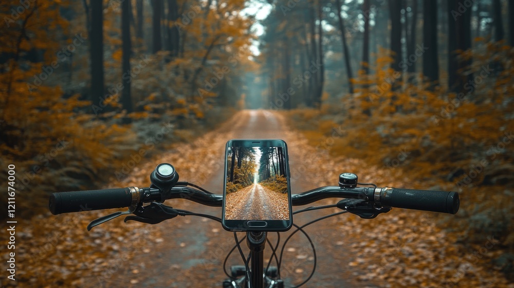 Poster a smartphone fixed to the handlebars of a bicycle, showing a forest path in autumn, offering a glimp