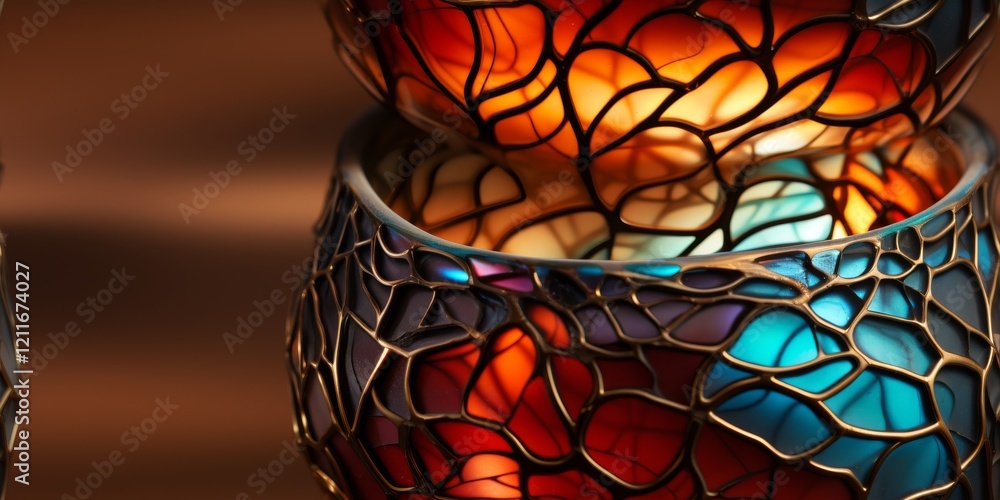Poster smooth surfaces with a golden fractal pattern embedded in ceramic. rainbow tint adds a vibrant touch