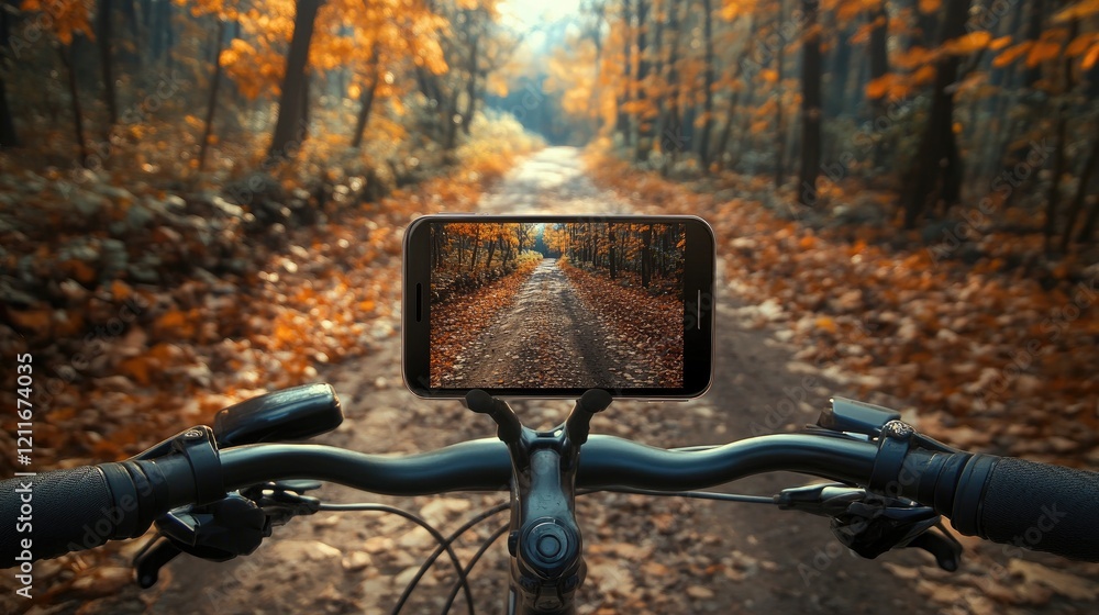 Poster A smartphone fixed to the handlebars of a bicycle, showing a forest path in autumn, offering a glimpse into the outdoor cycling journey.