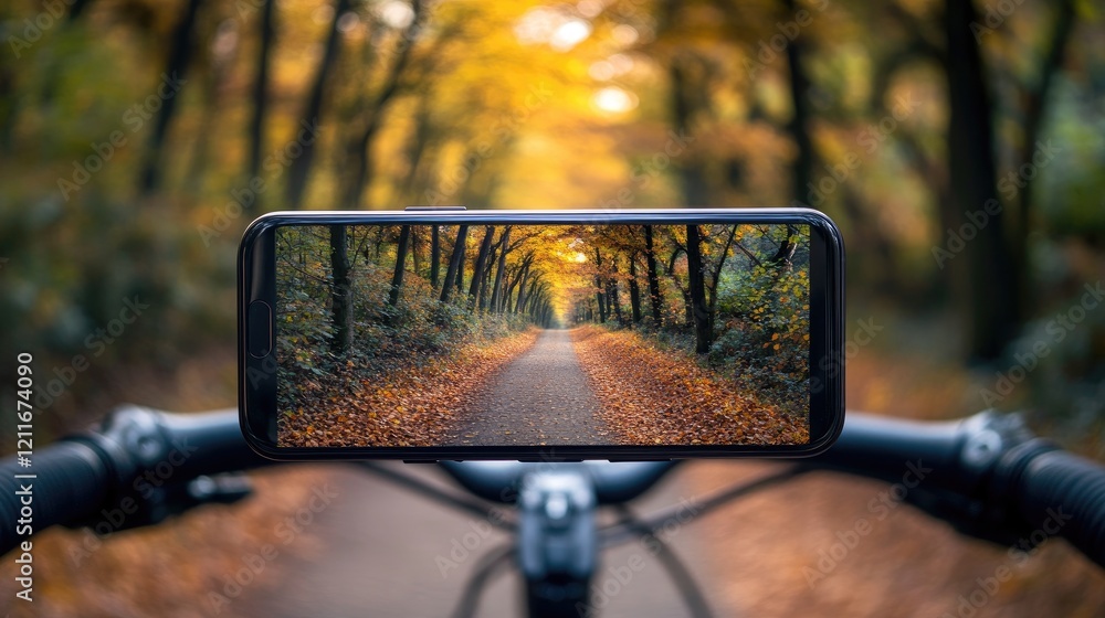 Aufkleber A smartphone fixed to the handlebars of a bicycle, showing a forest path in autumn, offering a glimpse into the outdoor cycling journey.