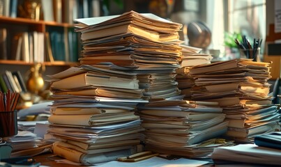 Obraz premium Massive stacks of disorganized papers and files.