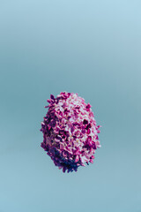 Easter egg made of lilac spring flowers levitating in pastel blue background. Sustainable holiday...