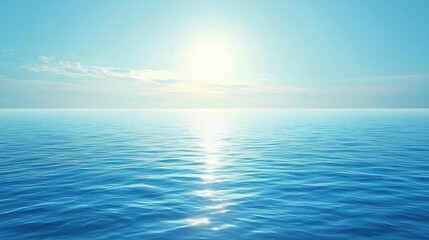 Soft blue watercolor idea. A serene view of the ocean under a bright blue sky with gentle waves reflecting sunlight.