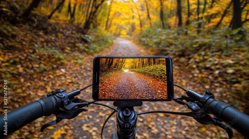 Poster A smartphone mounted on bicycle handlebars, displaying a vibrant photo of a forest path with autumn leaves, perfect for adventure cycling.