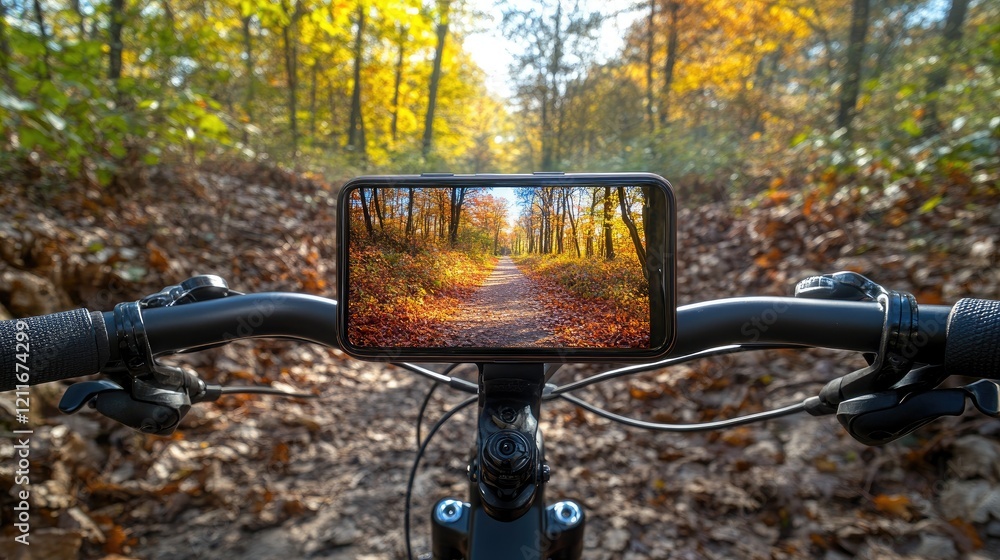 Aufkleber a smartphone mounted on bicycle handlebars, displaying a vibrant photo of a forest path with autumn 