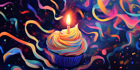 Cupcake with Lit Candle and Swirling Frosting