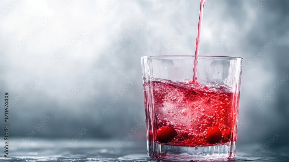 Poster a smooth pour of cranberry syrup into a glass of water, creating a stunning ombre effect as the colo