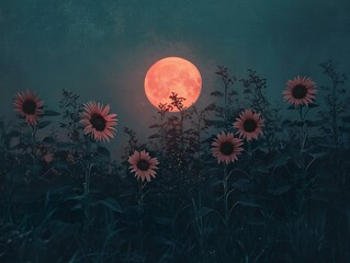 Vivid red moon illuminates a field of sunflowers under a dark night sky, creating a slightly eerie yet enchanting rural scene with a sense of both magic and natural beauty.