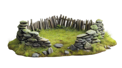 Old stone ruins with grassy area surrounded by a wooden fence in a natural setting isolated on transparent background