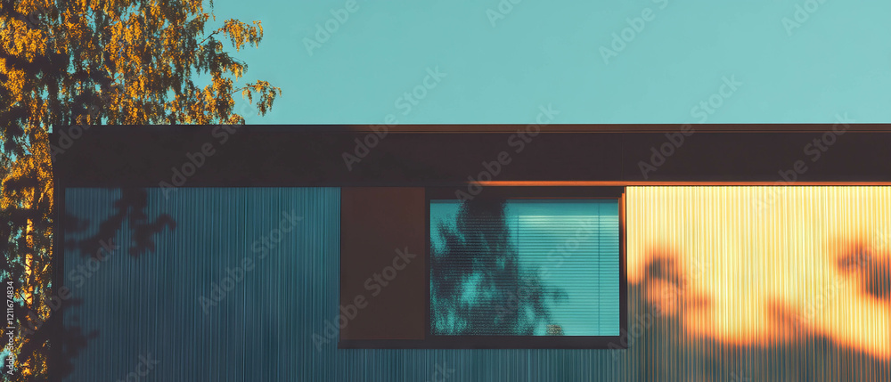 Poster texture and color variations of aluminum siding on a modern building against a clear sky