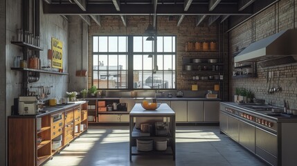 Obraz premium A spacious modern industrial kitchen featuring metal surfaces, modern storage solutions, and a layout perfect for professional cooking.