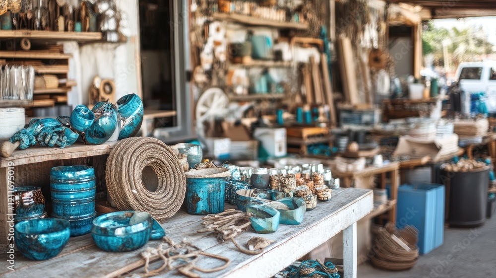 Poster A stock photo showing artisan shops creatively repurposing discarded materials in the context of a circular economy, with space for sustainability messaging.