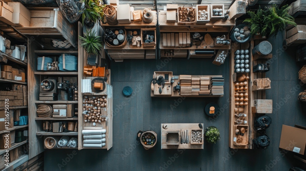 Poster a stock photo showing artisan shops creatively repurposing discarded materials in the context of a c