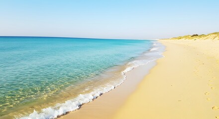 Calm beach with gentle waves on the left and a stretch of smooth, empty sand on the right under a clear blue sky.
