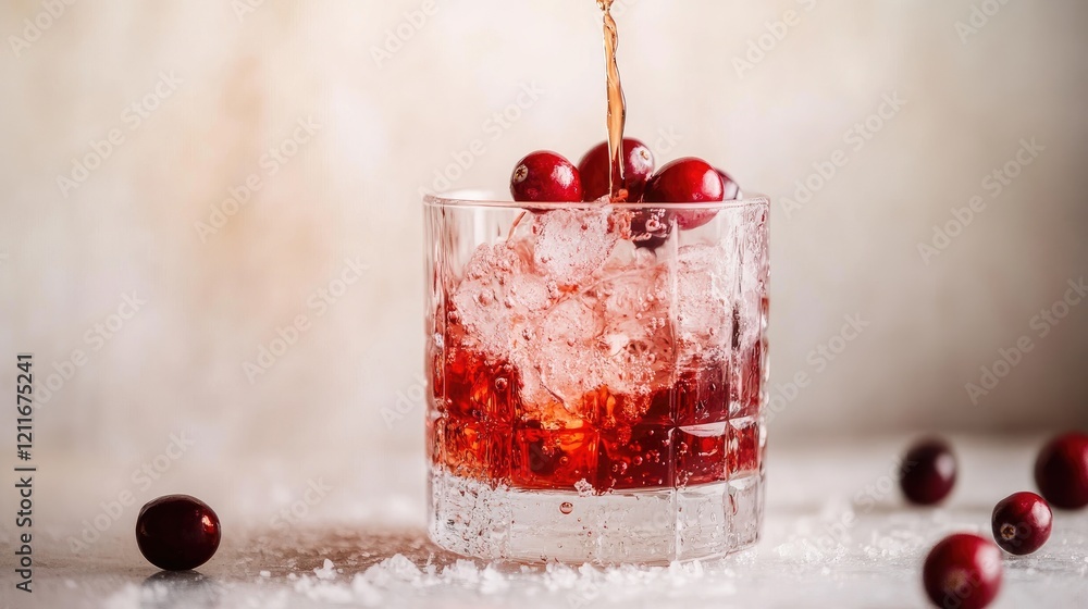 Poster a stream of cranberry syrup in rich red hues pours into a clear glass, adding a burst of color again