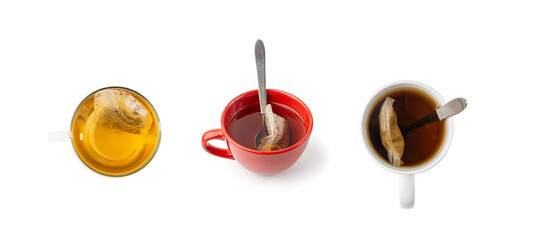 Herbal tea sachet in cup, hot water with chamomile and Hypericum or St. John's wort teabag