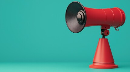 Fake news and Misinformation Media Concept, Red Megaphone Against Turquoise Background Illustrating Role of Influencers in Spreading Misinformation Online