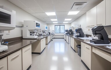 A modern, sterile medical laboratory equipped with microscopes, test tubes, and digital diagnostic machines on metal counters, representing cuttingedge medical technology