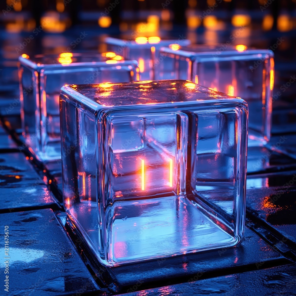 Poster neon translucent glow, neat arrangement of technological cubes.