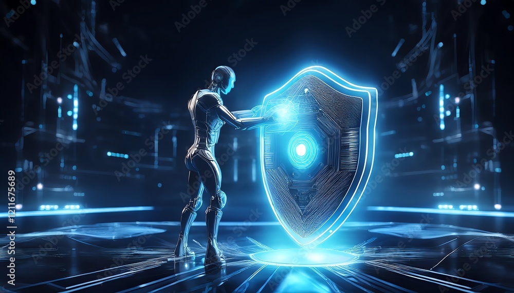Poster a futuristic robot interacts with a glowing shield in a high-tech environment, symbolizing protectio