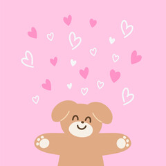 Puppy with hearts on pink background for Valentine's Day card, love sign, cartoon character, wallpaper, happy anniversary, backdrop, love letter, post card, standee, poster, wedding card, pet shop