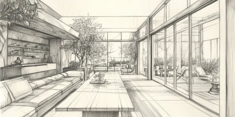 Fototapeta premium Architectural Sketch of a Modern Indoor Outdoor Living Space