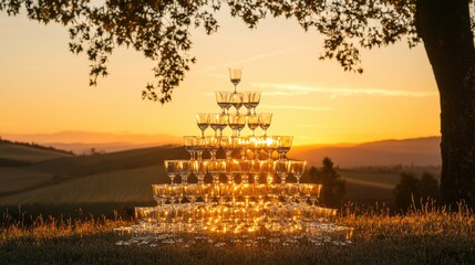 A stunning pyramid of champagne glasses gleaming in the golden hues of sunset, set up for an elegant outdoor celebration.