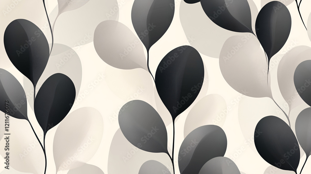 Poster seamless black and white pattern featuring overlapping leaves in a repeating design