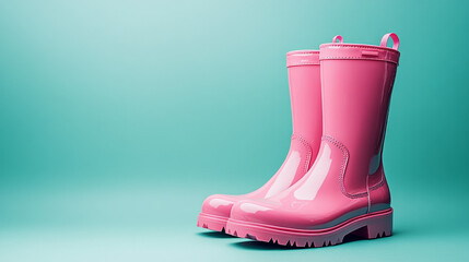 Glossy pink rubber boots on turquoise background