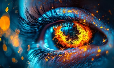 Close-up of a human eye showcasing a fiery iris