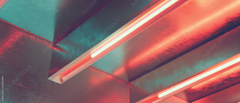 Poster illuminated aluminum texture with embedded neon lights creating modern aesthetic patterns