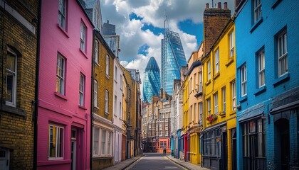 Fototapeta premium A panoramic view of the city skyline with an array of colorful terraced houses below