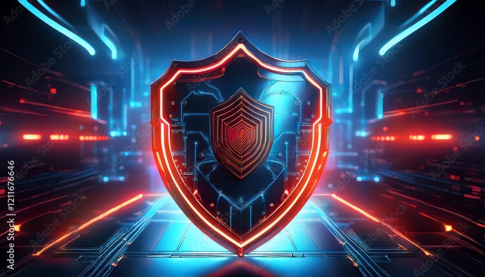 Poster a futuristic shield design illuminated with neon lights, symbolizing security and technology in a di
