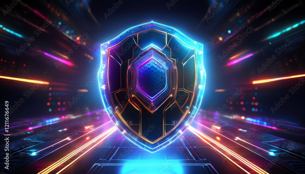 Poster a glowing shield with neon accents, set against a futuristic backdrop of colorful lights and abstrac