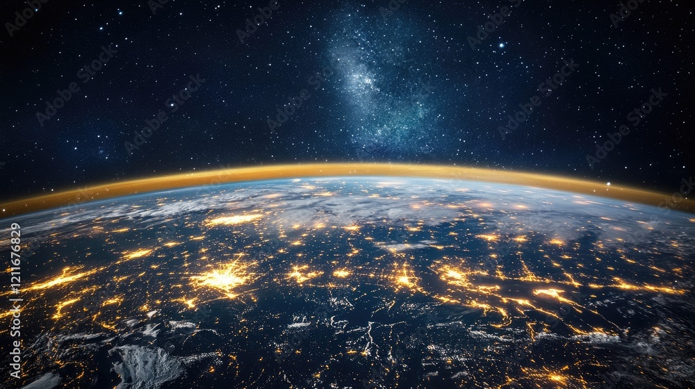 Poster a sweeping cityscape of illuminated skyscrapers, with a rotating earth beneath and a star-filled spa