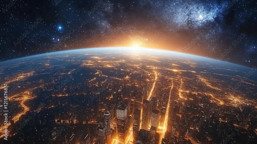 Poster a sweeping cityscape of illuminated skyscrapers, with a rotating earth beneath and a star-filled spa