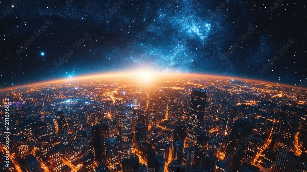Poster a sweeping cityscape of illuminated skyscrapers, with a rotating earth beneath and a star-filled spa