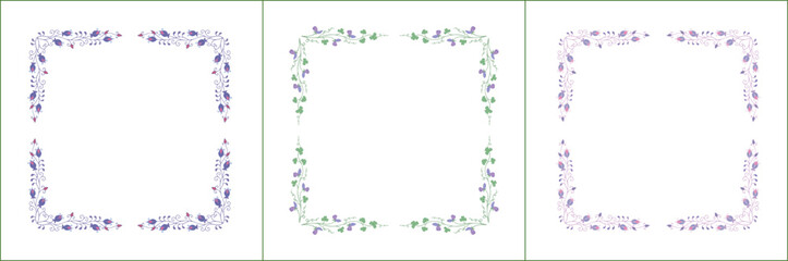 Set of three elegant green vegetal ornamental frame with purple flowers, decorative border. Isolated vector illustration