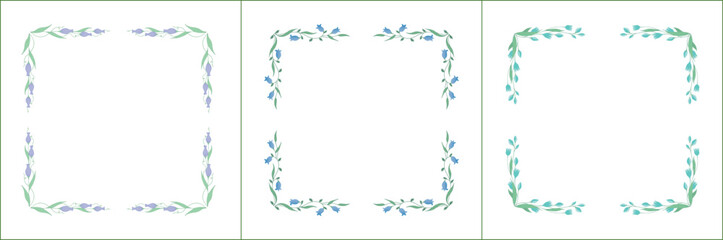 Set of three elegant green vegetal ornamental frame with blue bluebell flowers, decorative border. Isolated vector illustration