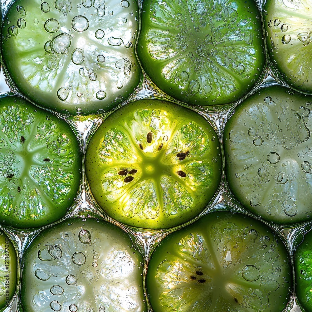 Aufkleber close-up shot of vibrant green kiwi slices submerged in sparkling water, creating a refreshing and v