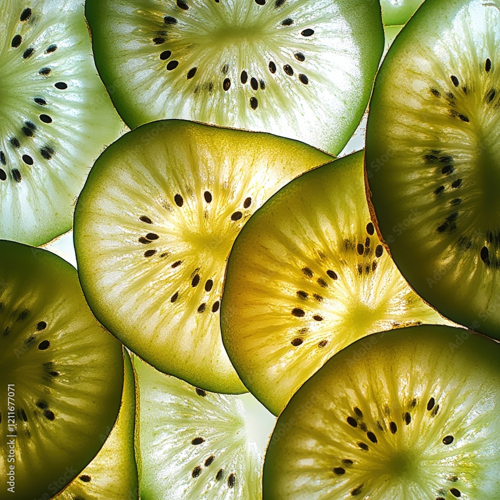 Aufkleber vibrant backlit kiwi slices, overlapping layers creating a colorful, textured pattern. perfect for f